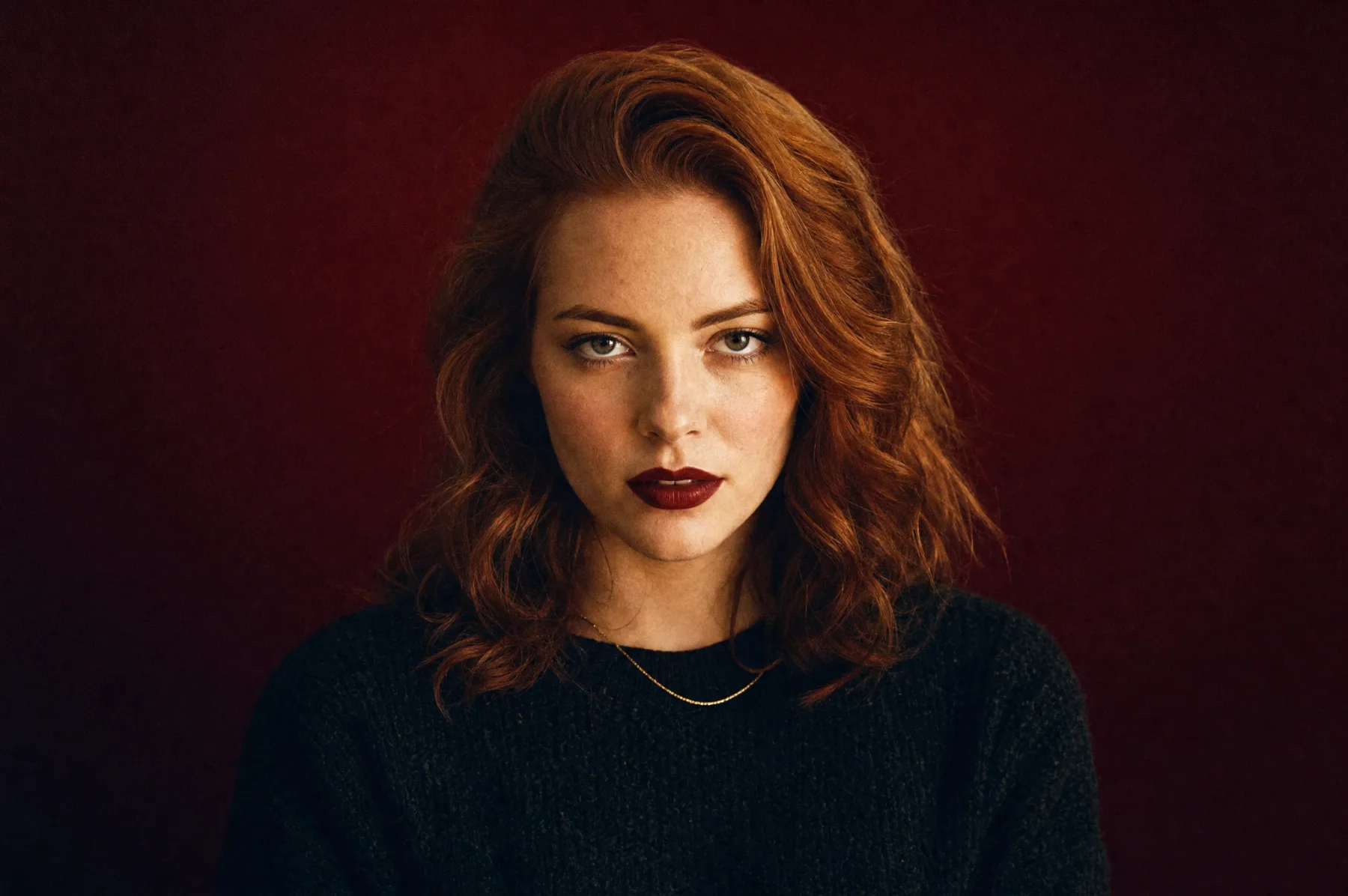 Retrato em película de Lia Vermelho, cabelo ruivo e batom vinho, encarando a câmera