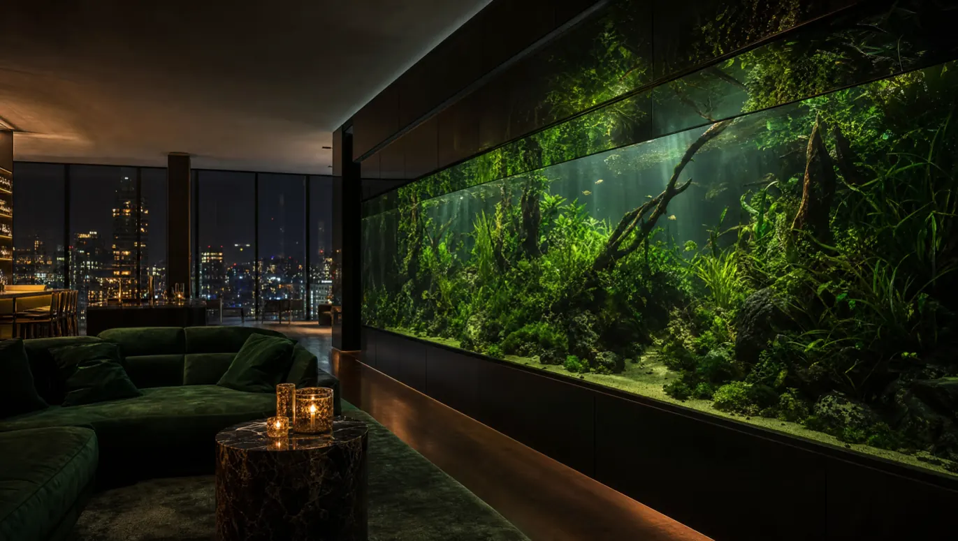Aquascape plantado esmeralda embutido em parede de vidro fumê num lounge de cobertura