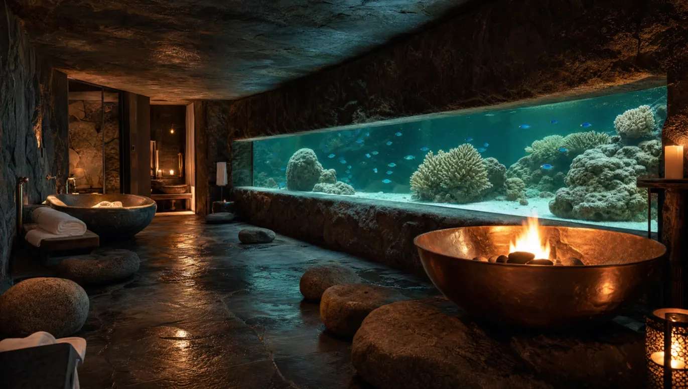 Janela de aquário turquesa embutida em parede de pedra num spa à luz de velas