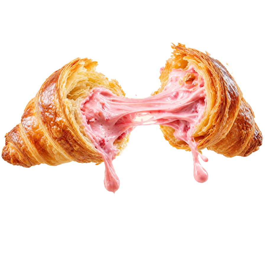 Croissant folhado explodindo com recheio cremoso rosa e migalhas voando