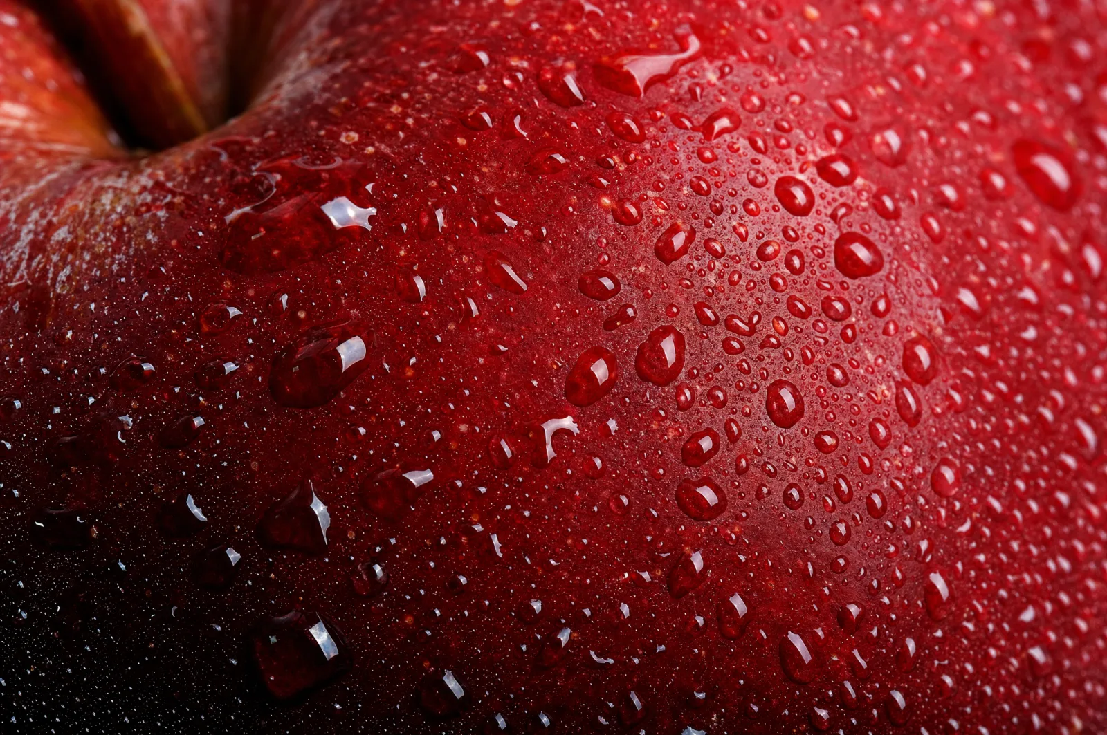 Macro da casca de maçã vermelha coberta de gotas d'água