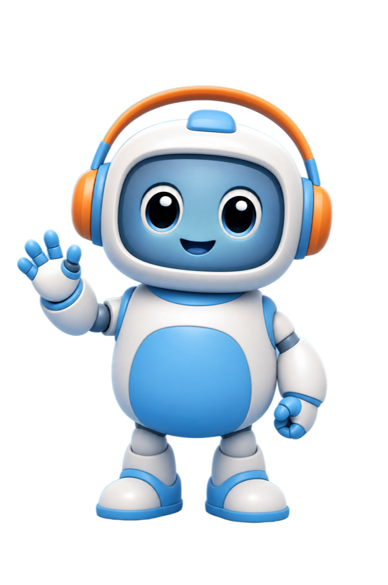 Mascote Bito: robô simpático em estilo 3D Pixar, azul, com fones de ouvido
