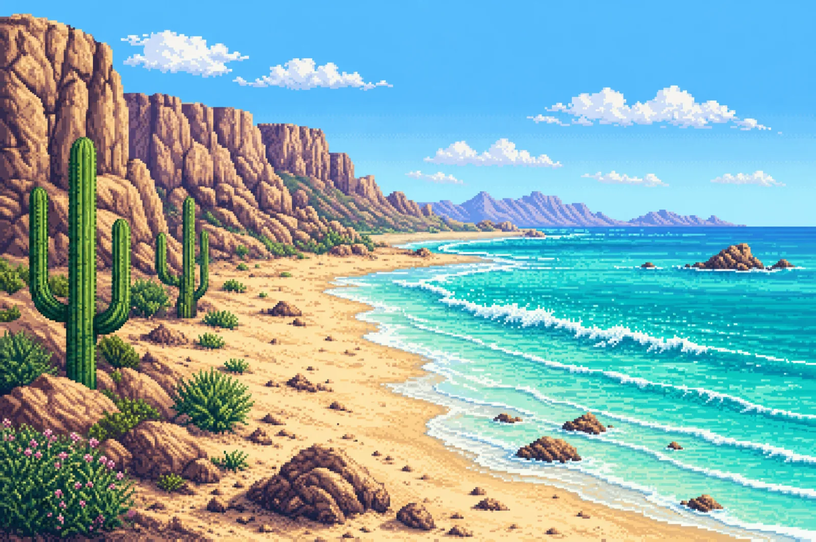 Paisagem em pixel-art: praia com falésias, cactos e mar em 8 bits
