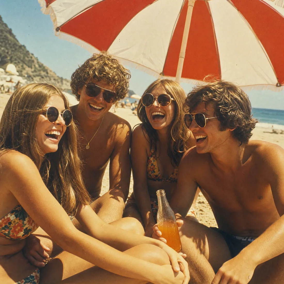 Grupo de amigos rindo sob um guarda-sol listrado vermelho e branco