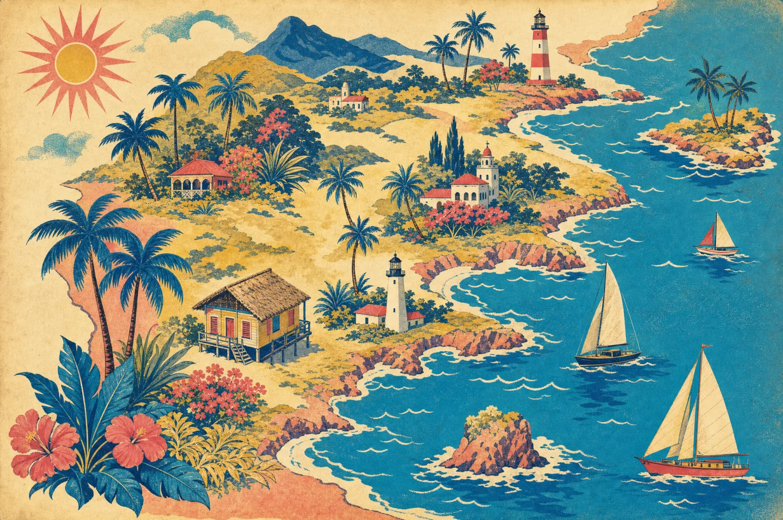 Mapa ilustrado retrô do litoral, com faróis, vilas, barcos e palmeiras