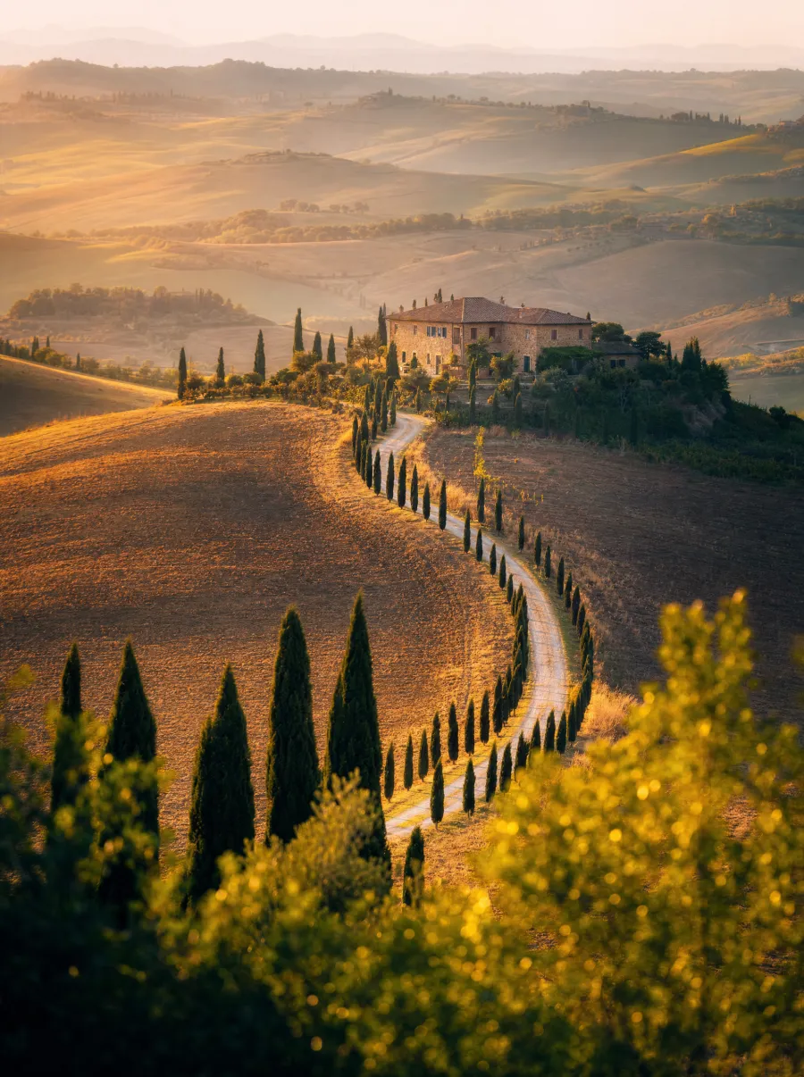 Colinas da Toscana com ciprestes ao pôr do sol