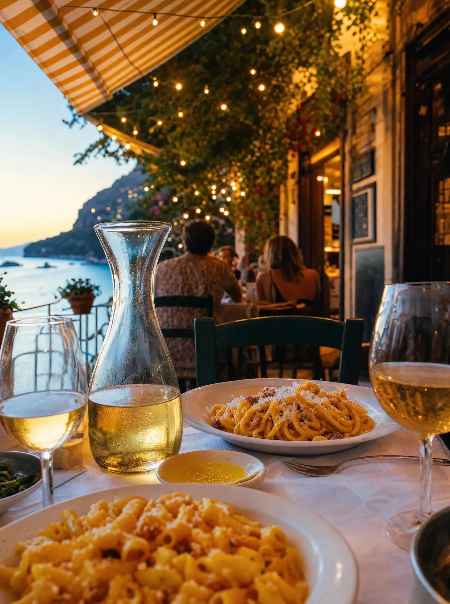 Trattoria italiana ao entardecer com luzes de festão