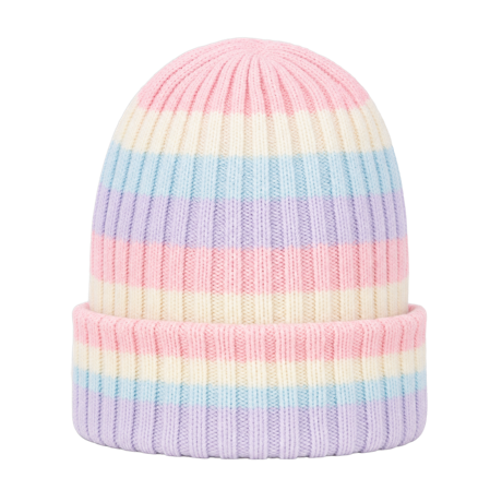 Gorro de tricô com listras pastel arco-íris