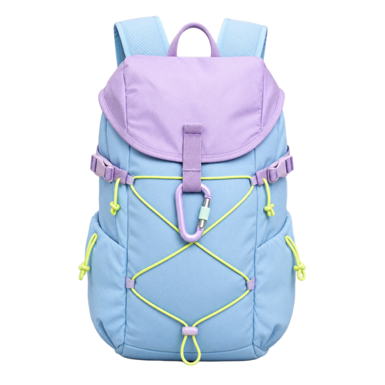 Mochila compacta azul bebê com tampa lilás e corda lima
