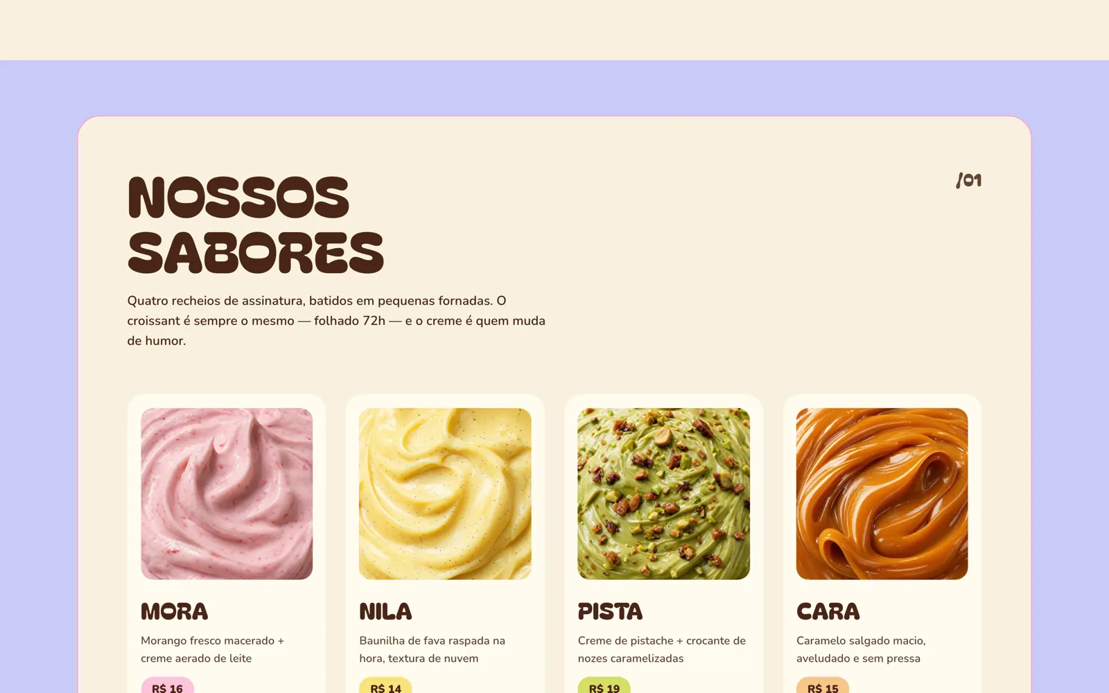 Sabores da semana em cartões de vitrine