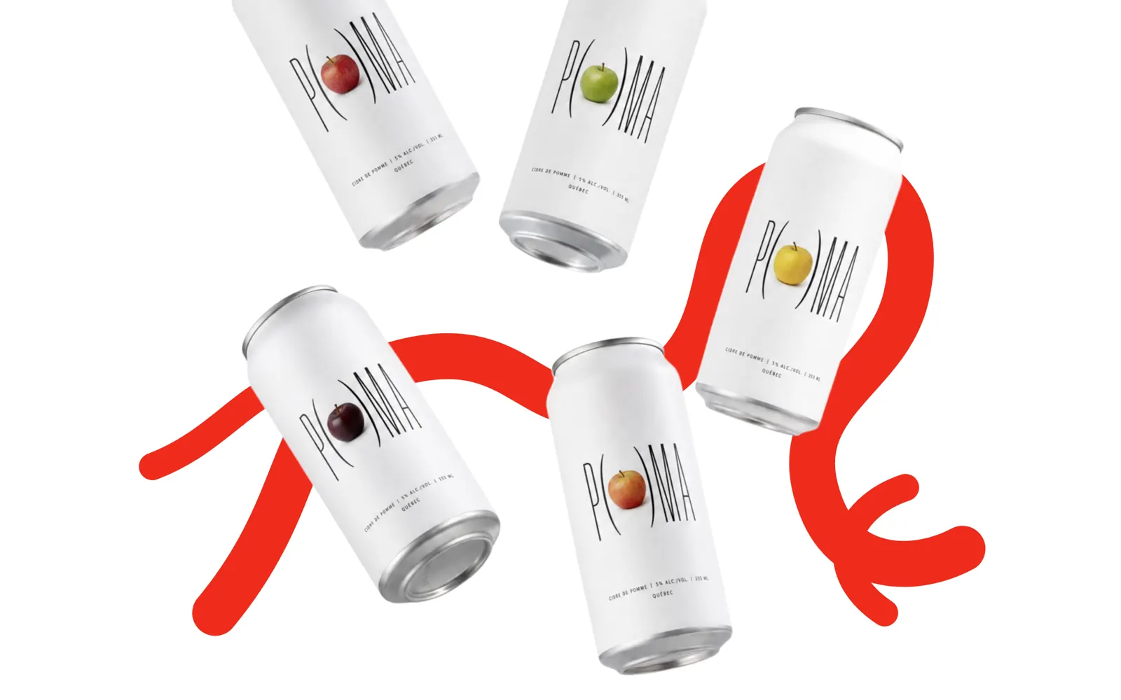 Site P()MA, latas de sidra voando com fita vermelha