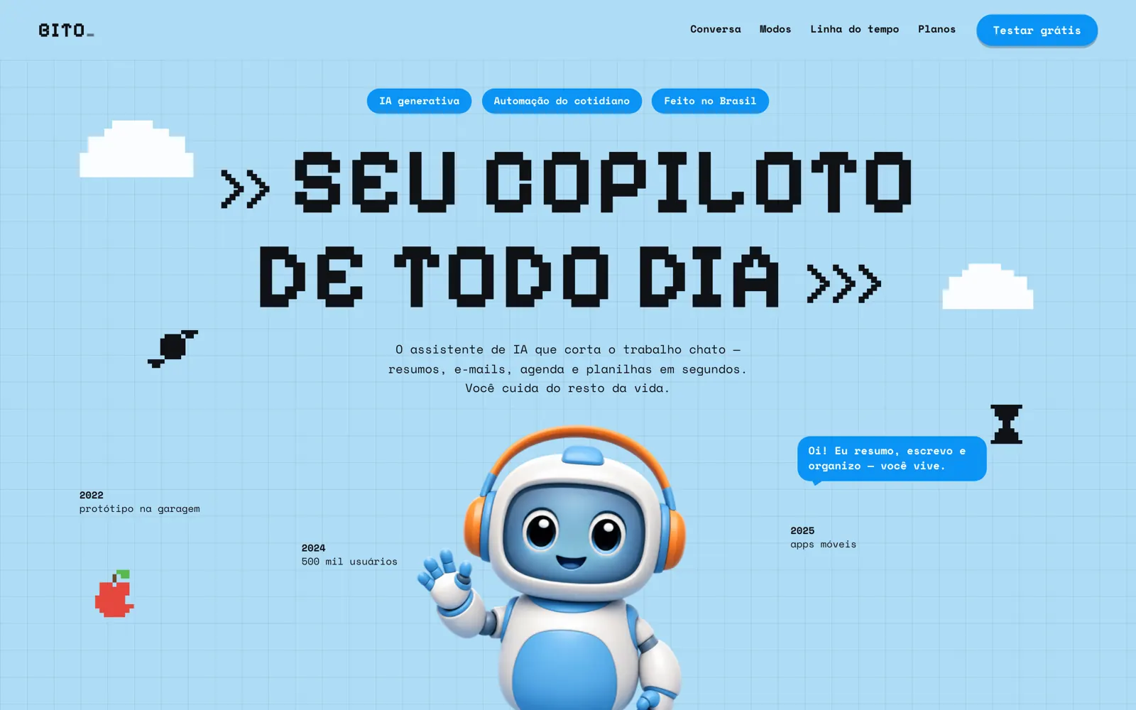 Site Bito, mascote robô e tipografia pixelada sobre azul céu