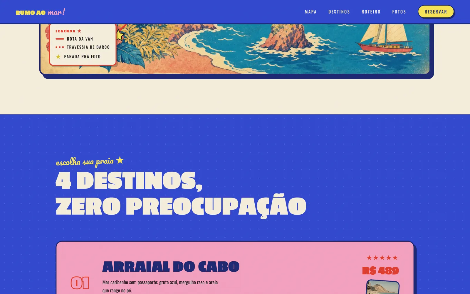 Mapa ilustrado com rota de van e barco