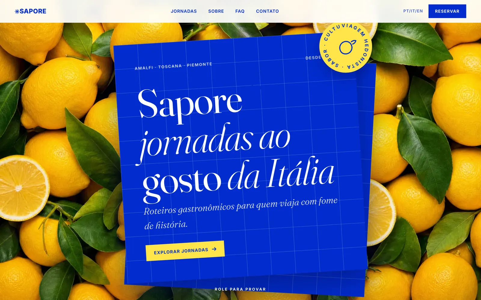 Site Sapore, cartaz azul royal sobre cama de limões sicilianos