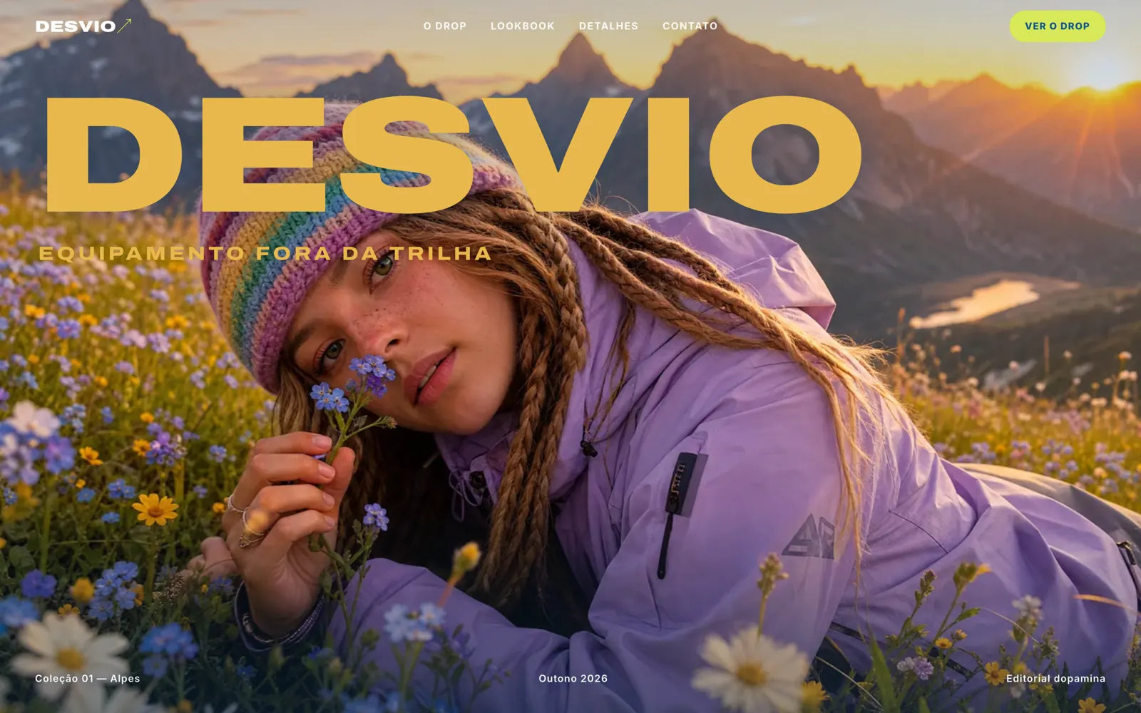 Site Desvio, capa editorial com modelo em campo de flores e montanhas