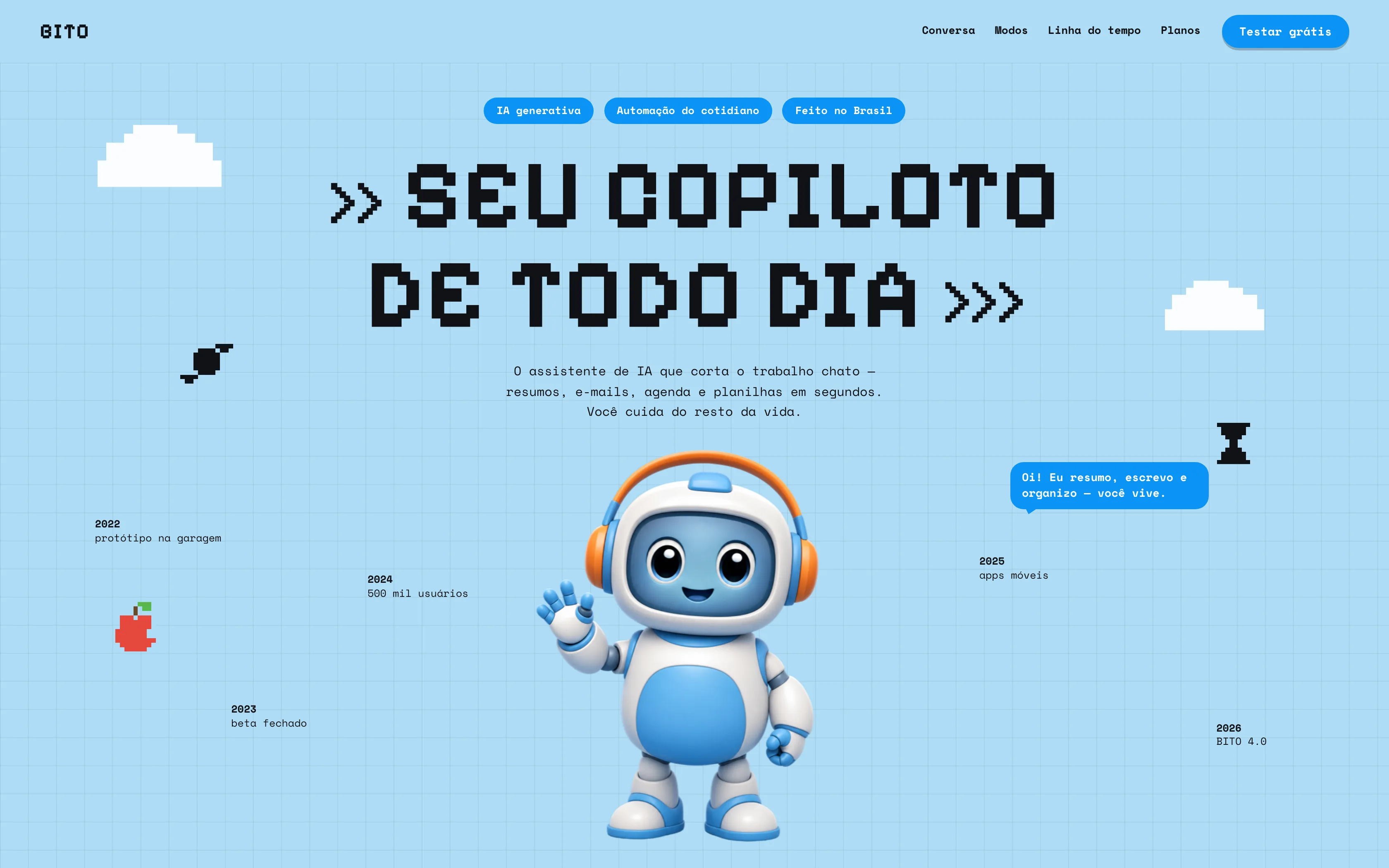 Print do site Bito, mascote robô e tipografia pixelada sobre azul céu