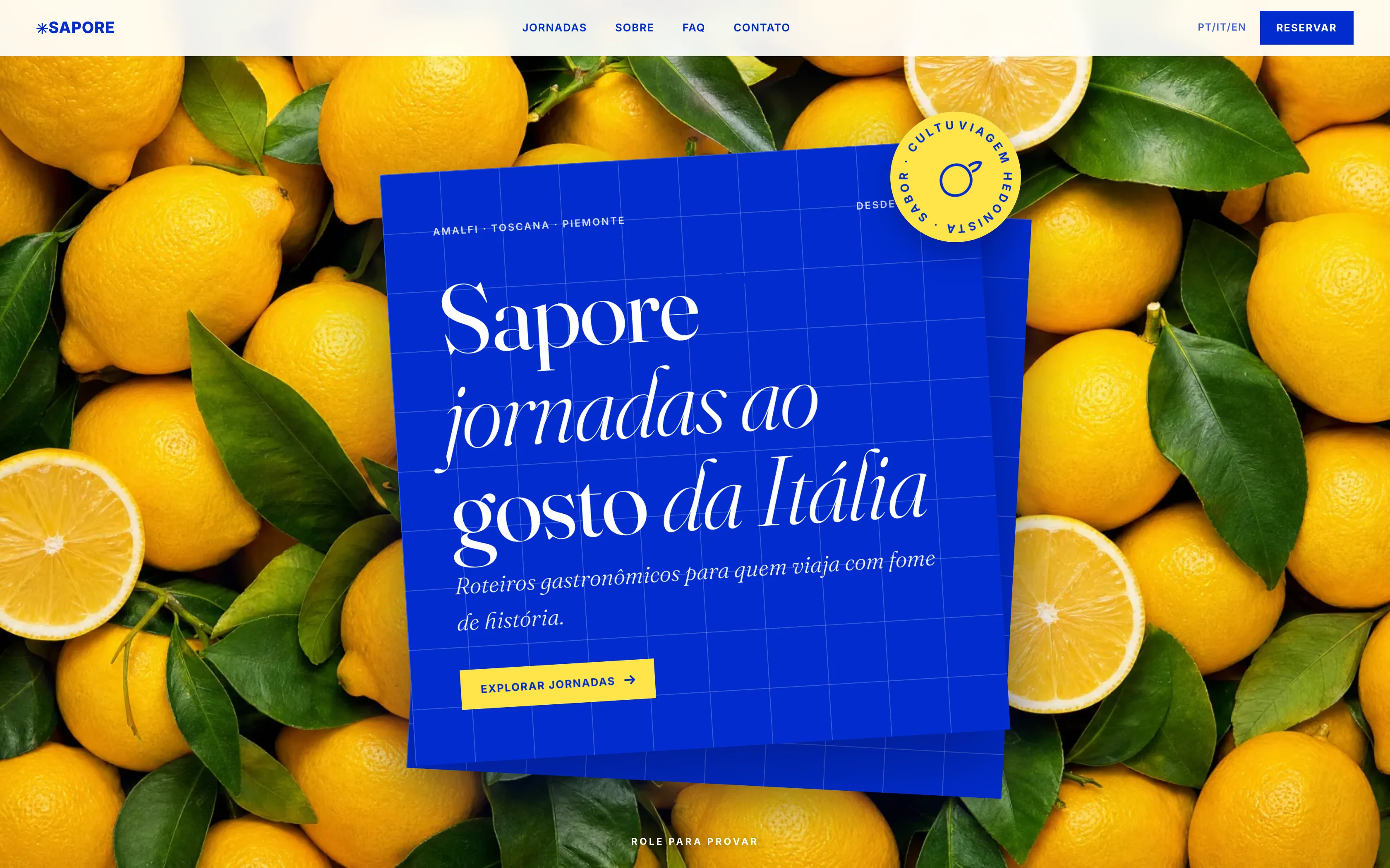 Print do site Sapore, cartaz azul sobre limões sicilianos
